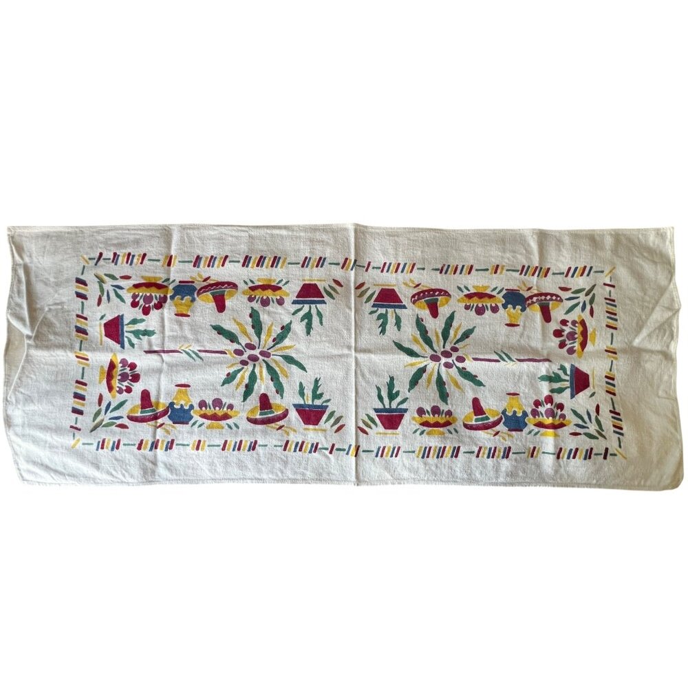 Mexican Table Runner 42X16.5 Nubby White Cotton w/ Red Green Yellow Blue VTG MCM - Picture 2 of 10